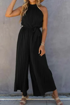 New Dear-Lover Halter Neck Pleated Wide Leg Jumpsuit with Belt Black