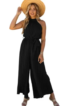 New Dear-Lover Halter Neck Pleated Wide Leg Jumpsuit with Belt Black