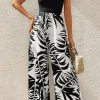 Outlet Dear-Lover Halter Tropical Plant Print Wide Leg Jumpsuit Black