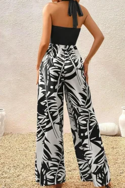 Outlet Dear-Lover Halter Tropical Plant Print Wide Leg Jumpsuit Black