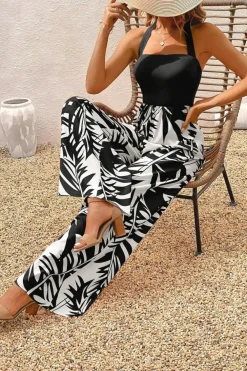 Outlet Dear-Lover Halter Tropical Plant Print Wide Leg Jumpsuit Black