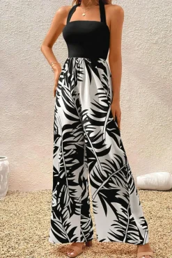 Outlet Dear-Lover Halter Tropical Plant Print Wide Leg Jumpsuit Black