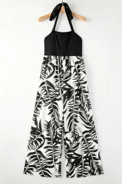 Outlet Dear-Lover Halter Tropical Plant Print Wide Leg Jumpsuit Black