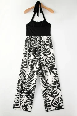 Outlet Dear-Lover Halter Tropical Plant Print Wide Leg Jumpsuit Black