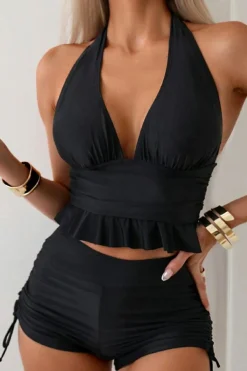 Outlet Dear-Lover Halter V Neck Ruffled Swim Top and Drawstring Ruched High Waist Bikini Black