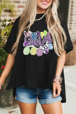 Online Dear-Lover Happy Easter Sequin Graphic Dropped Shoulder T Shirt Black
