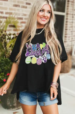 Online Dear-Lover Happy Easter Sequin Graphic Dropped Shoulder T Shirt Black
