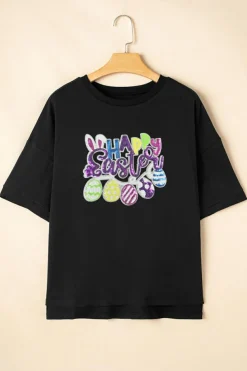 Online Dear-Lover Happy Easter Sequin Graphic Dropped Shoulder T Shirt Black