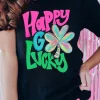 Sale Dear-Lover Happy GO Lucky Clover Print Crew Neck T Shirt Black