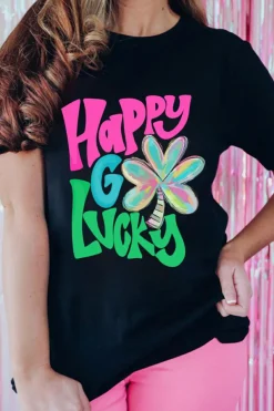 Sale Dear-Lover Happy GO Lucky Clover Print Crew Neck T Shirt Black