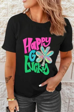 Sale Dear-Lover Happy GO Lucky Clover Print Crew Neck T Shirt Black