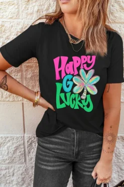 Sale Dear-Lover Happy GO Lucky Clover Print Crew Neck T Shirt Black