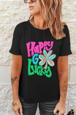 Sale Dear-Lover Happy GO Lucky Clover Print Crew Neck T Shirt Black