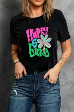 Sale Dear-Lover Happy GO Lucky Clover Print Crew Neck T Shirt Black