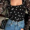 Outlet Dear-Lover Heart Shape Mesh Patchwork Square Neck Bodysuit Black