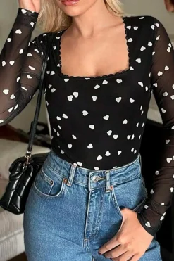 Outlet Dear-Lover Heart Shape Mesh Patchwork Square Neck Bodysuit Black