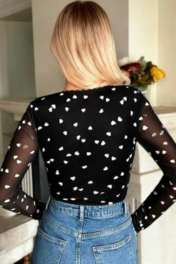 Outlet Dear-Lover Heart Shape Mesh Patchwork Square Neck Bodysuit Black