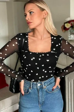 Outlet Dear-Lover Heart Shape Mesh Patchwork Square Neck Bodysuit Black