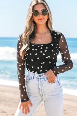 Outlet Dear-Lover Heart Shape Mesh Patchwork Square Neck Bodysuit Black