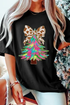 Sale Dear-Lover Heat Transfer Printing Christmas Tree Bowknot T-Shirt Black