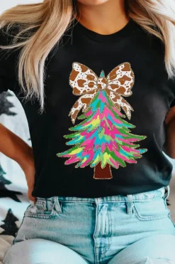 Sale Dear-Lover Heat Transfer Printing Christmas Tree Bowknot T-Shirt Black