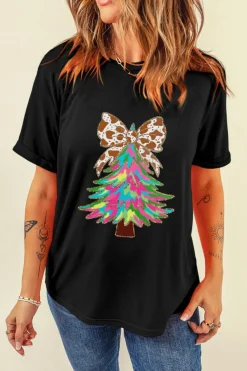 Sale Dear-Lover Heat Transfer Printing Christmas Tree Bowknot T-Shirt Black