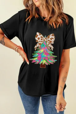 Sale Dear-Lover Heat Transfer Printing Christmas Tree Bowknot T-Shirt Black