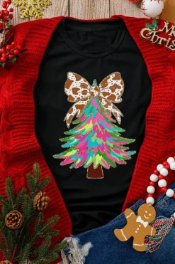 Sale Dear-Lover Heat Transfer Printing Christmas Tree Bowknot T-Shirt Black