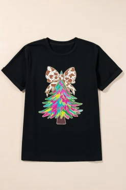Sale Dear-Lover Heat Transfer Printing Christmas Tree Bowknot T-Shirt Black