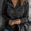Online Dear-Lover Heathered Print Button Snap Neck Pullover Hoodie Black