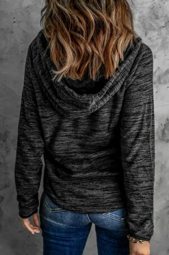 Online Dear-Lover Heathered Print Button Snap Neck Pullover Hoodie Black