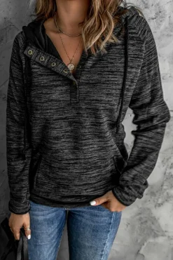Online Dear-Lover Heathered Print Button Snap Neck Pullover Hoodie Black