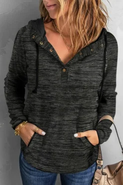Online Dear-Lover Heathered Print Button Snap Neck Pullover Hoodie Black