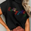 Hot Dear-Lover High Neck Christmas Holly Jolly Short Sleeve Sweater Black