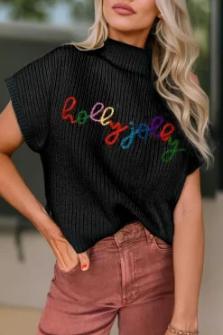 Hot Dear-Lover High Neck Christmas Holly Jolly Short Sleeve Sweater Black