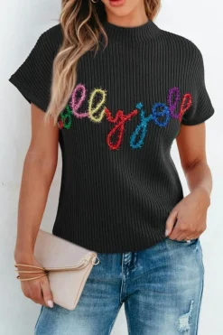 Hot Dear-Lover High Neck Christmas Holly Jolly Short Sleeve Sweater Black