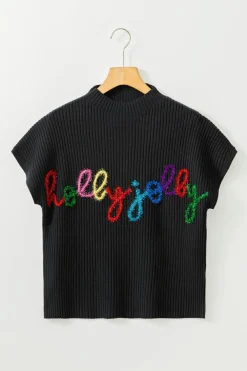 Hot Dear-Lover High Neck Christmas Holly Jolly Short Sleeve Sweater Black