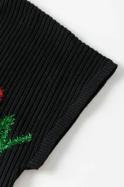 Hot Dear-Lover High Neck Christmas Holly Jolly Short Sleeve Sweater Black
