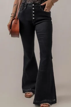 Hot Dear-Lover High Waist Button Front Flare Jeans Black