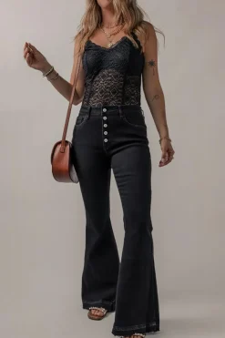 Hot Dear-Lover High Waist Button Front Flare Jeans Black