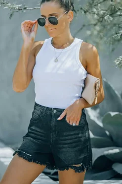 Online Dear-Lover High Waist Frayed Denim Shorts Black