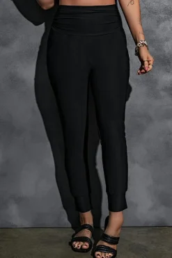 Fashion Dear-Lover High Waist Pleated Pocket Leggings Black