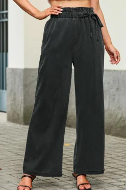 Fashion Dear-Lover High Waist Pocketed Wide Leg Tencel Jeans Black