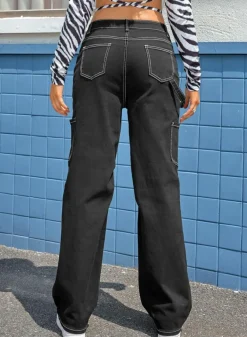 Fashion Dear-Lover High Waist Straight Leg Cargo Pants with Pockets Black