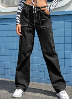 Fashion Dear-Lover High Waist Straight Leg Cargo Pants with Pockets Black