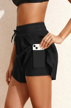 Clearance Dear-Lover High Waisted Drawstring 2-in-1 Side Pocket Color Block Bikini Shorts Black