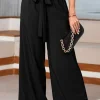 Clearance Dear-Lover High Waisted Tie Front Side Pocket Wide Leg Flowy Casual Pants Black