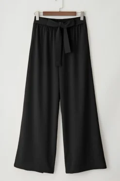 Clearance Dear-Lover High Waisted Tie Front Side Pocket Wide Leg Flowy Casual Pants Black