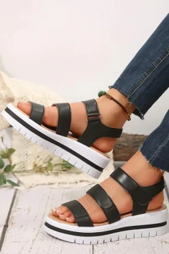Outlet Dear-Lover Hollow Out Buckle PU Leather Platform Sandals Black