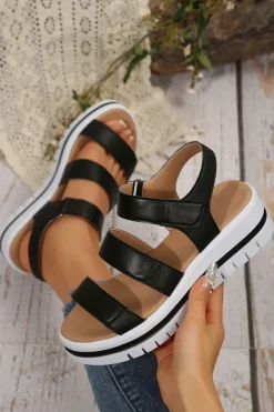 Outlet Dear-Lover Hollow Out Buckle PU Leather Platform Sandals Black